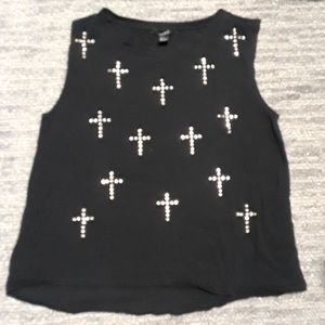 Box-style Black Tank with Jewled Cross detailing
